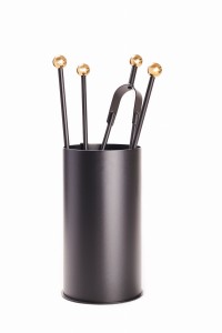 Akcesoria kominkowe ze stali, czarne, kubełek, rączki mosiężne - ArtFuego Z-3121-2-CZ/MO