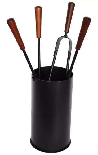 Akcesoria kominkowe ze stali, czarny kubełek, drewniane rączki - ArtFuego Z-3125-2-CZ