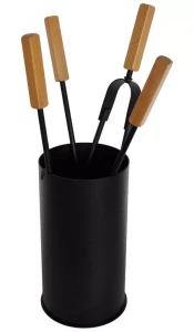 Akcesoria kominkowe ze stali, czarny kubełek, drewniane rączki - ArtFuego Z-3126-2-CZ