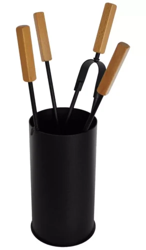 Akcesoria kominkowe ze stali, czarny kubełek, drewniane rączki - ArtFuego Z-3126-2-CZ